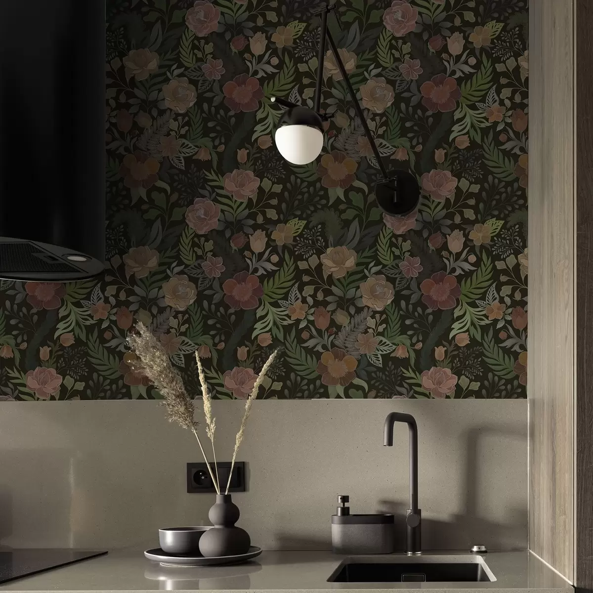 Wallpaper Rich flowers and greenery on a deep dark background a00932