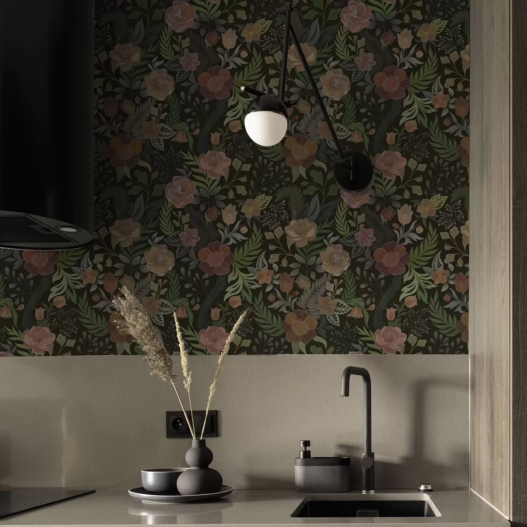 wall murals Rich flowers and greenery on a deep dark background a00932