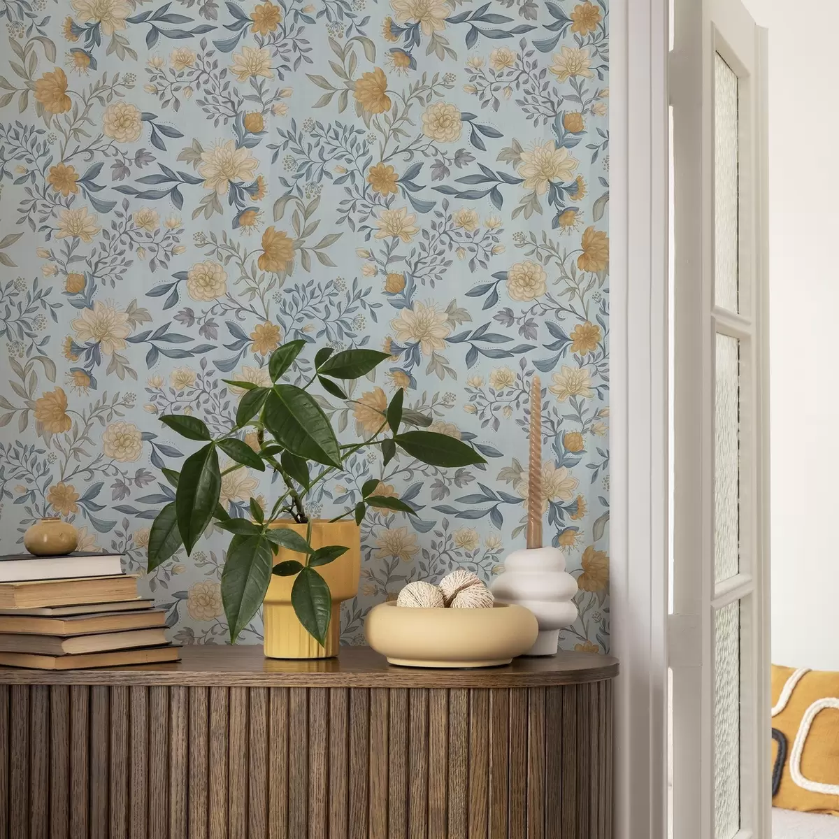 Wallpaper Yellow and blue flowers with leaves on a sky blue background a00934