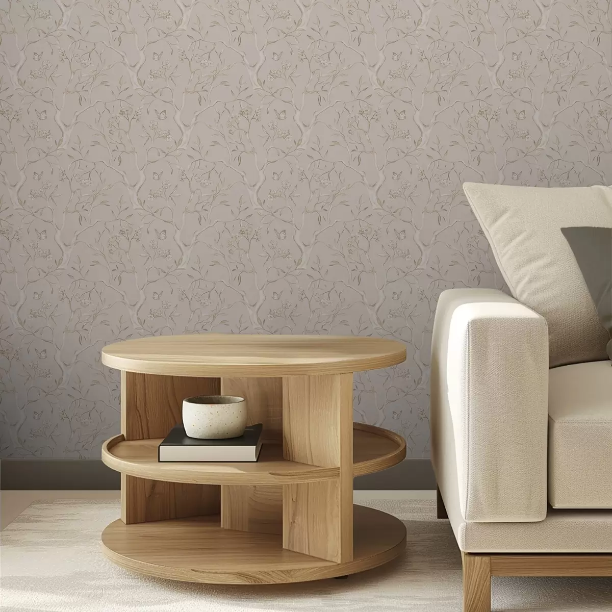 Wallpaper Beige flowering branches with butterflies on a soft background a00951v2