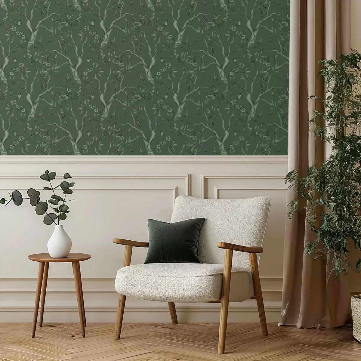 Wallpaper Green flowering branches with butterflies on a deep background a00951v3