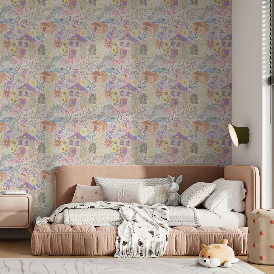 wall murals Childlike village drawing with a house, mountains and flowers a00952