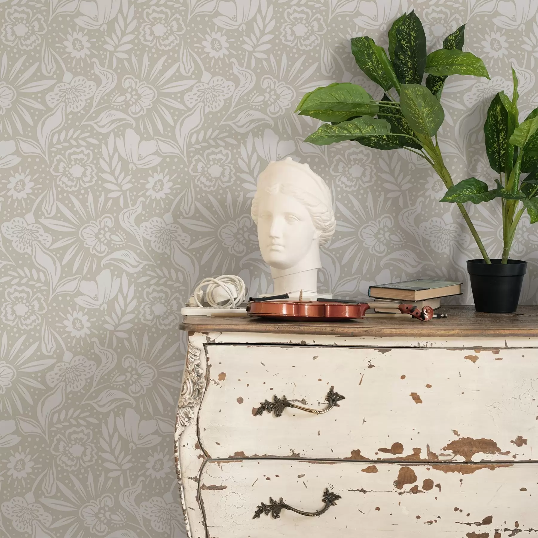 wall murals White linear floral ornament on a beige background a00956