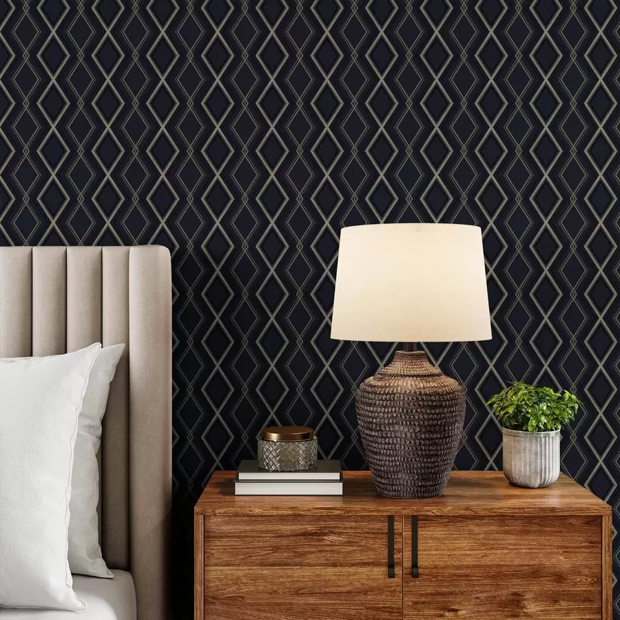 wall murals Dark blue diamond grid with thin light lines a00975