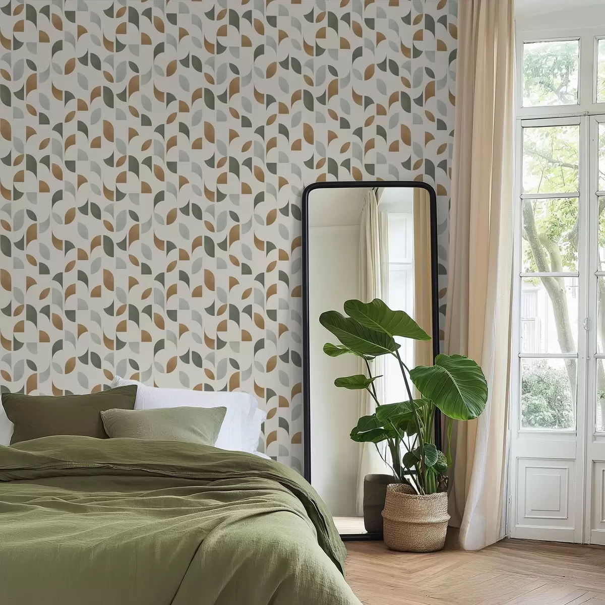 Wallpaper Abstract half circles and leaves in green and terracotta a00985