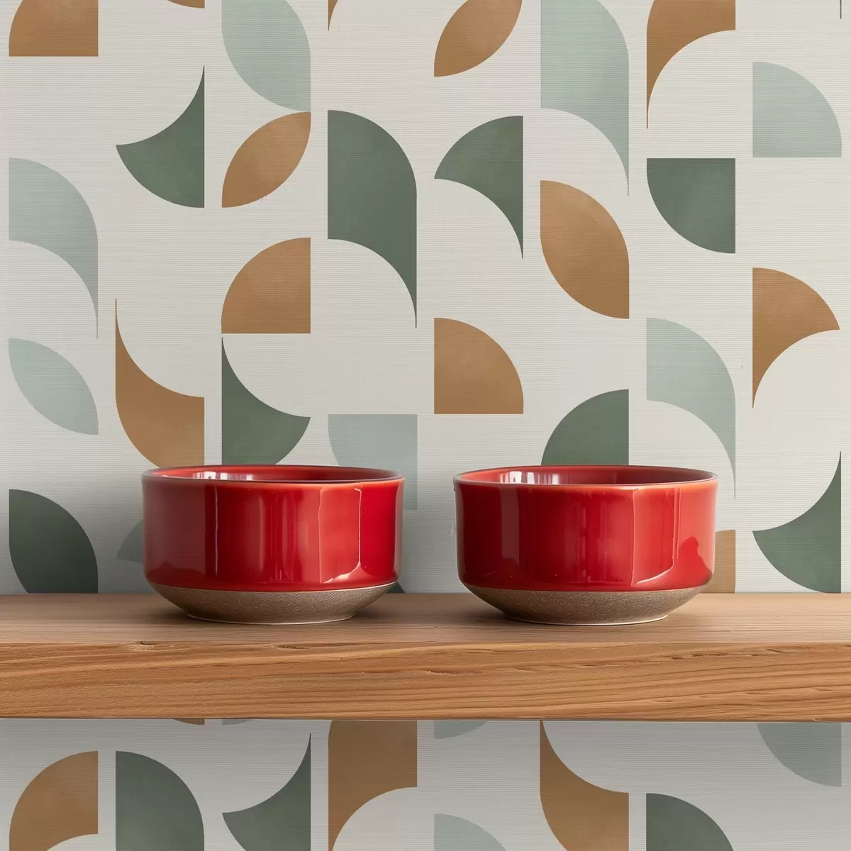 Wallpaper Abstract half circles and leaves in green and terracotta a00985