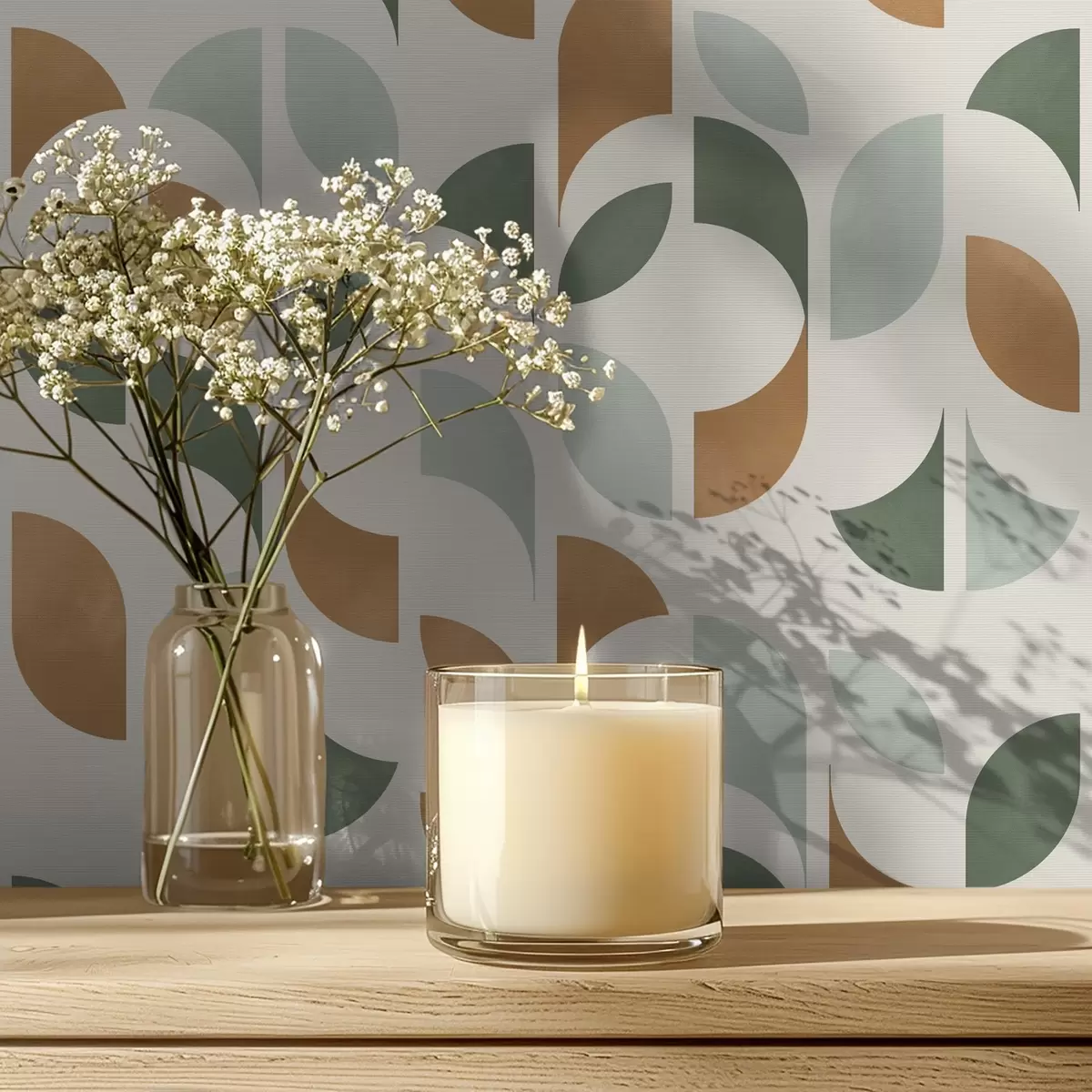 Wallpaper Vertical columns of half circles and leaves, green-terracotta a00986