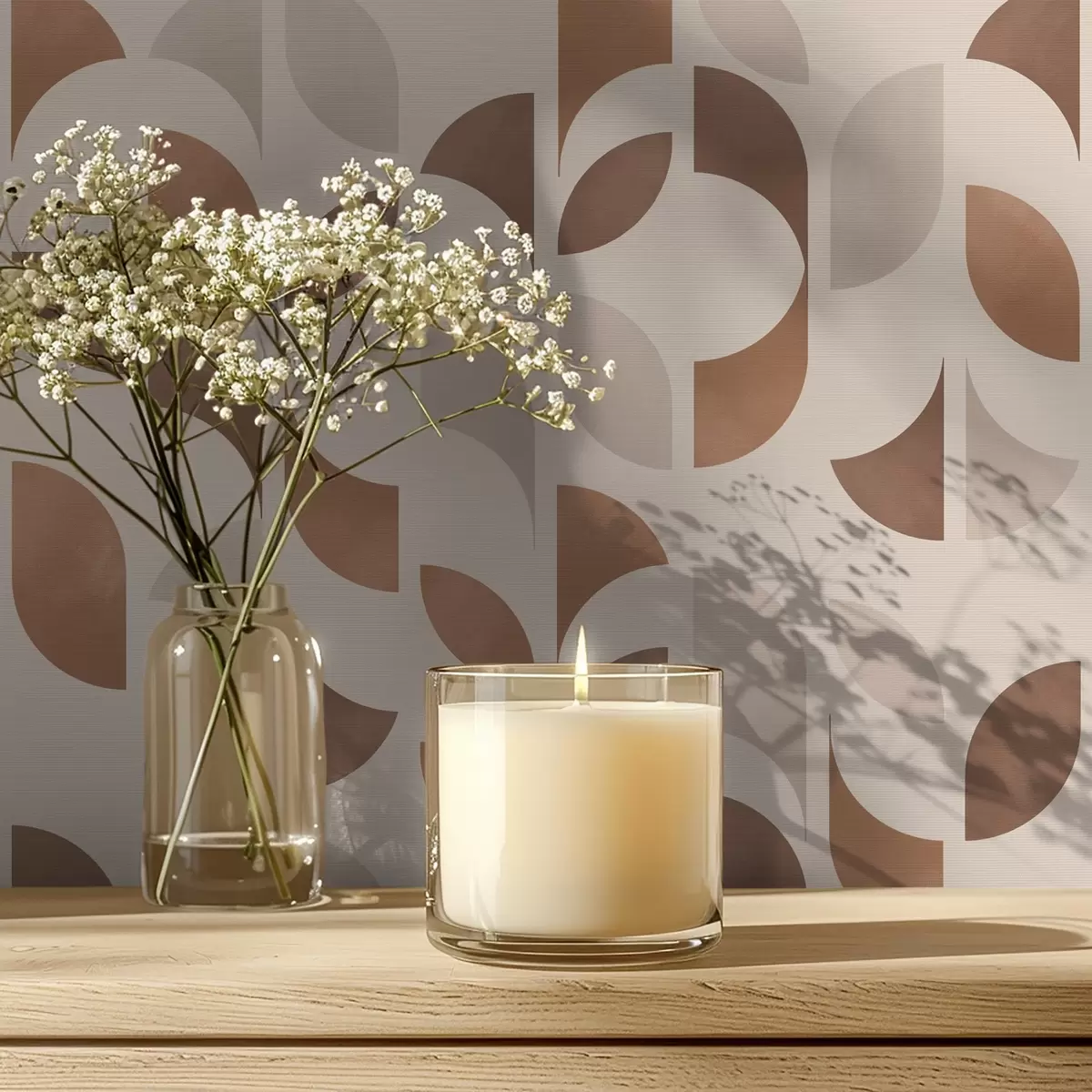 Wallpaper Rhythm of half circles and leaves in warm caramel brown tones a00986v1