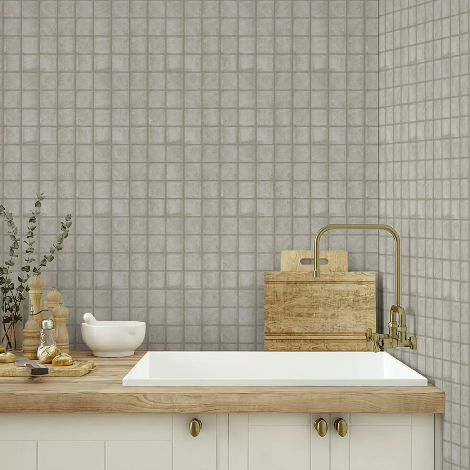 wall murals Imitation of square tiles in a soft grey-green palette a00988