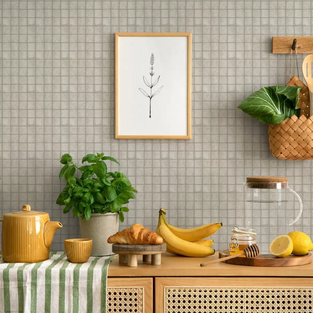 Wallpaper Imitation of square tiles in a soft grey-green palette a00988