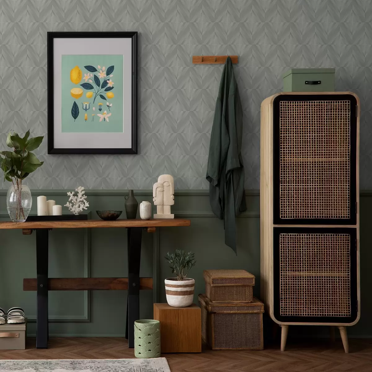 Wallpaper Diagonal strokes forming squares in a mint-grey palette a00983v1