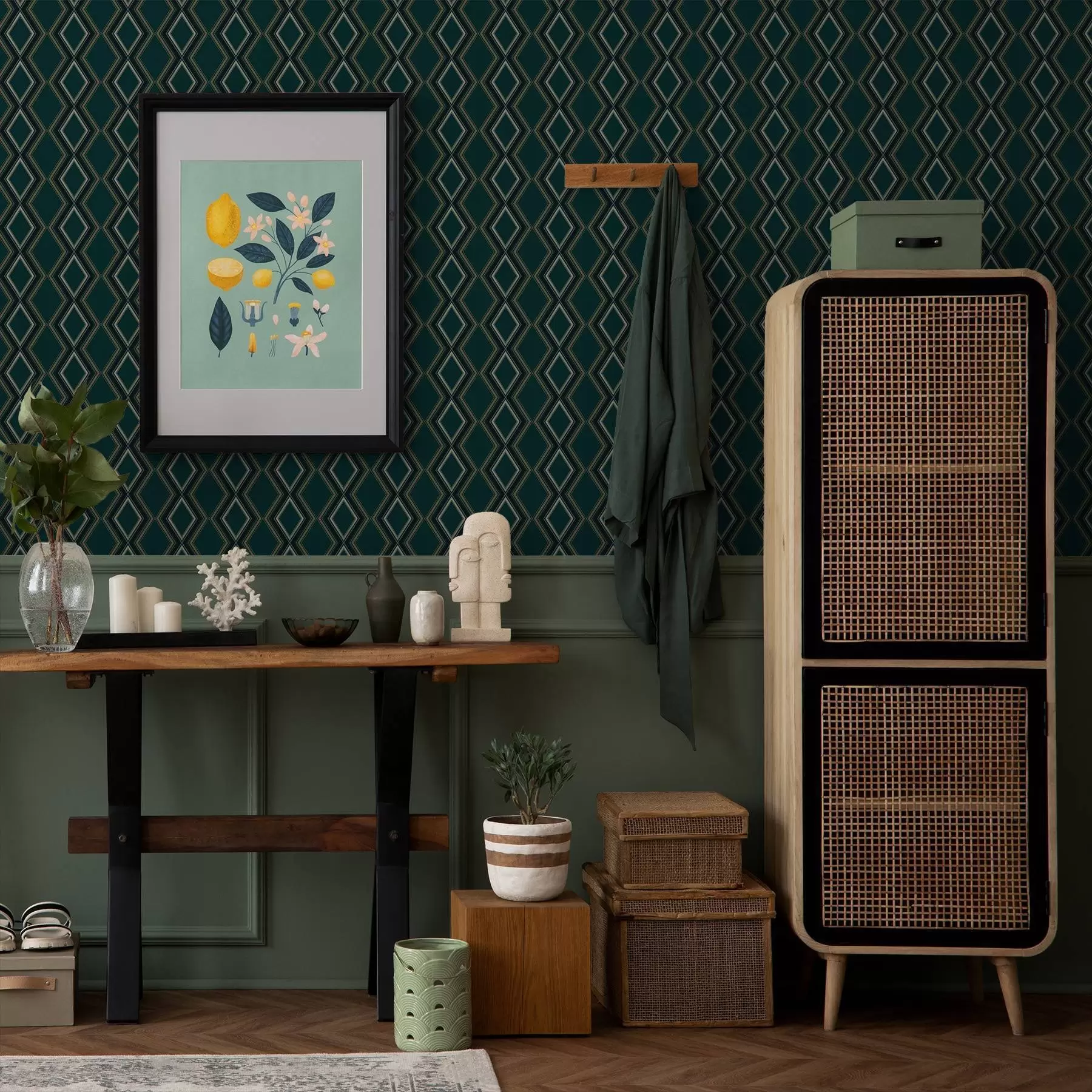 wall murals Dark teal-green background with vertical rows of diamonds a00976