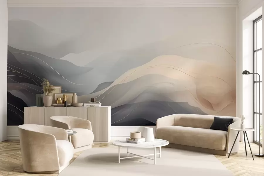 wall murals Abstract misty waves in gray-cream tones with yellow lines w09504