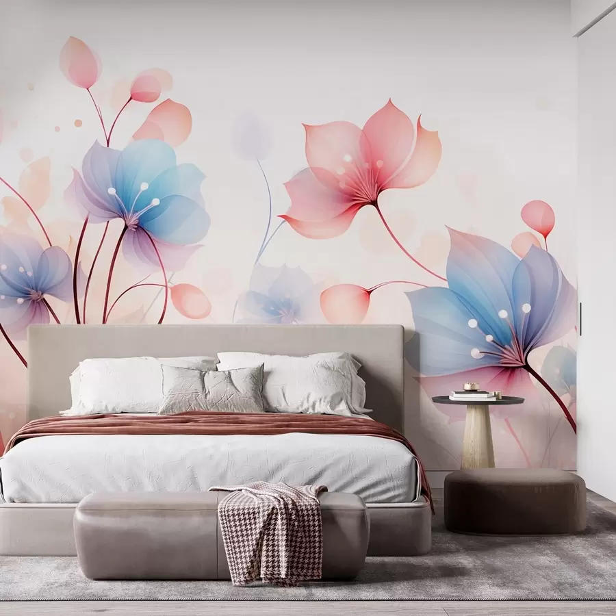 wall murals Delicate pink-blue flowers — airy flora on a white watercolor background w09507