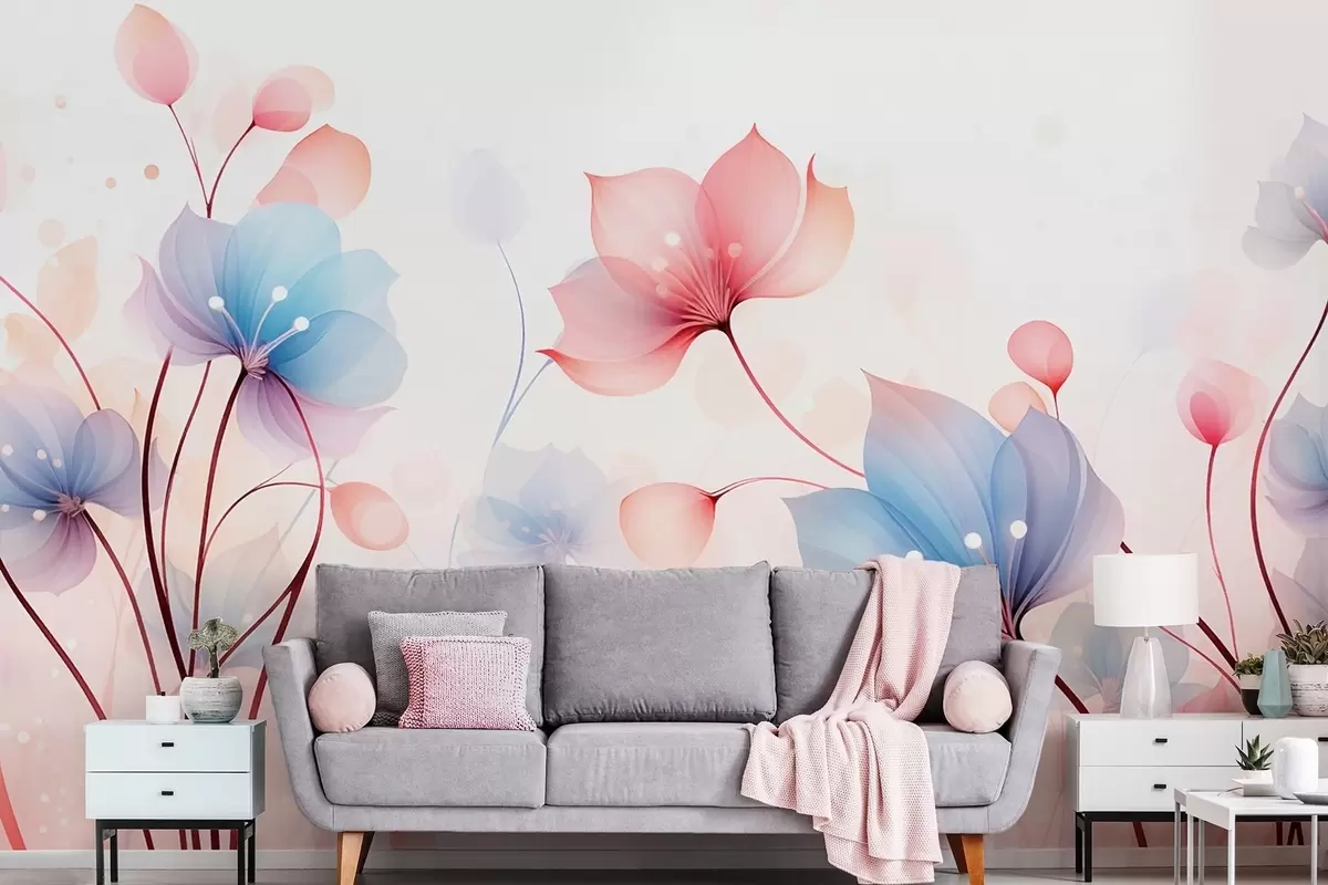 wall murals Delicate pink-blue flowers — airy flora on a white watercolor background w09507