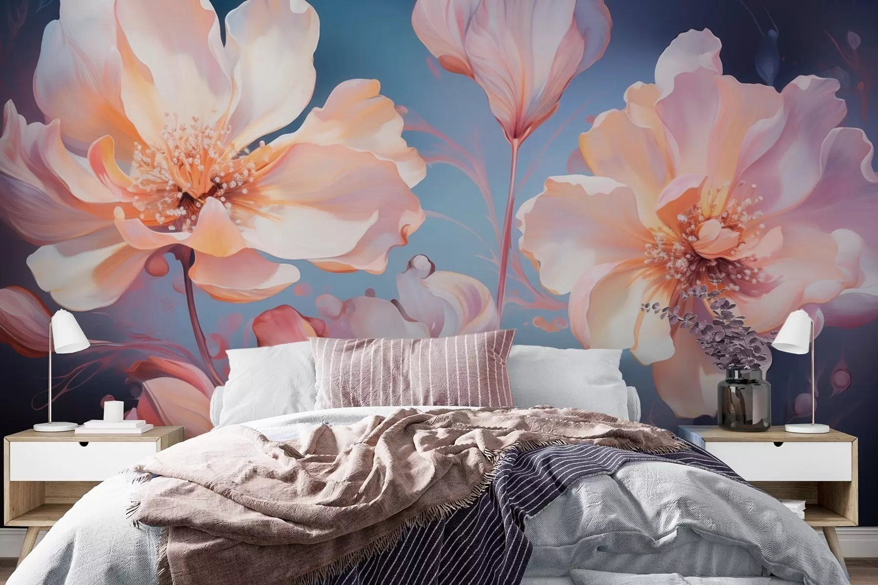 wall murals Airy rose-cream peonies in watercolor style on a deep blue background w09513