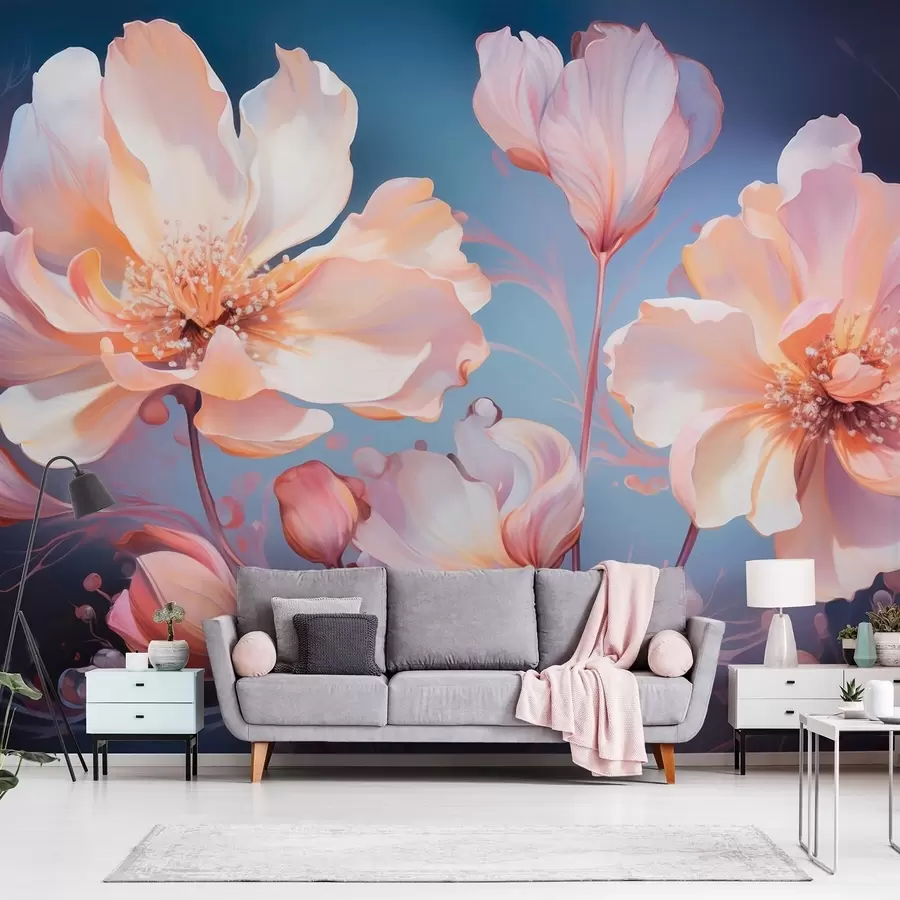 wall murals Airy rose-cream peonies in watercolor style on a deep blue background w09513