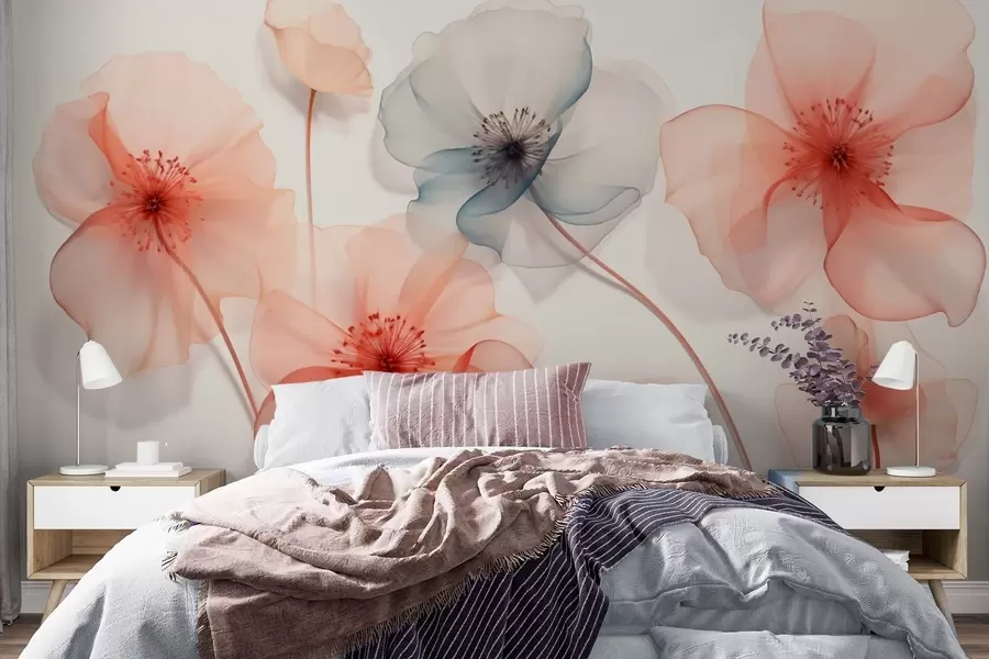 wall murals Translucent flowers in red and blue tones w09515