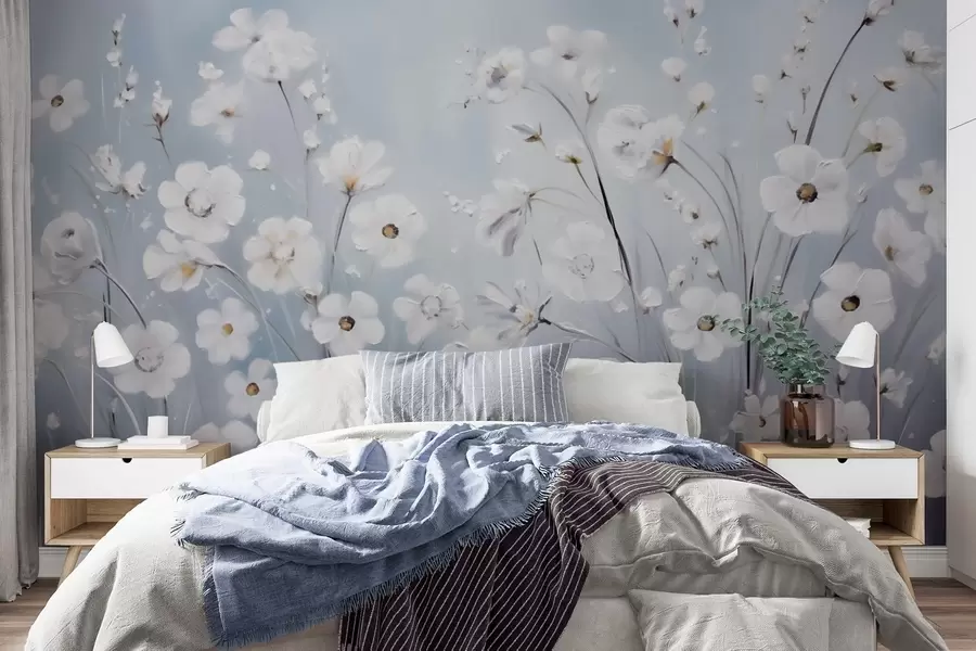 wall murals White flowers against a blue sky in oil painting style w09516