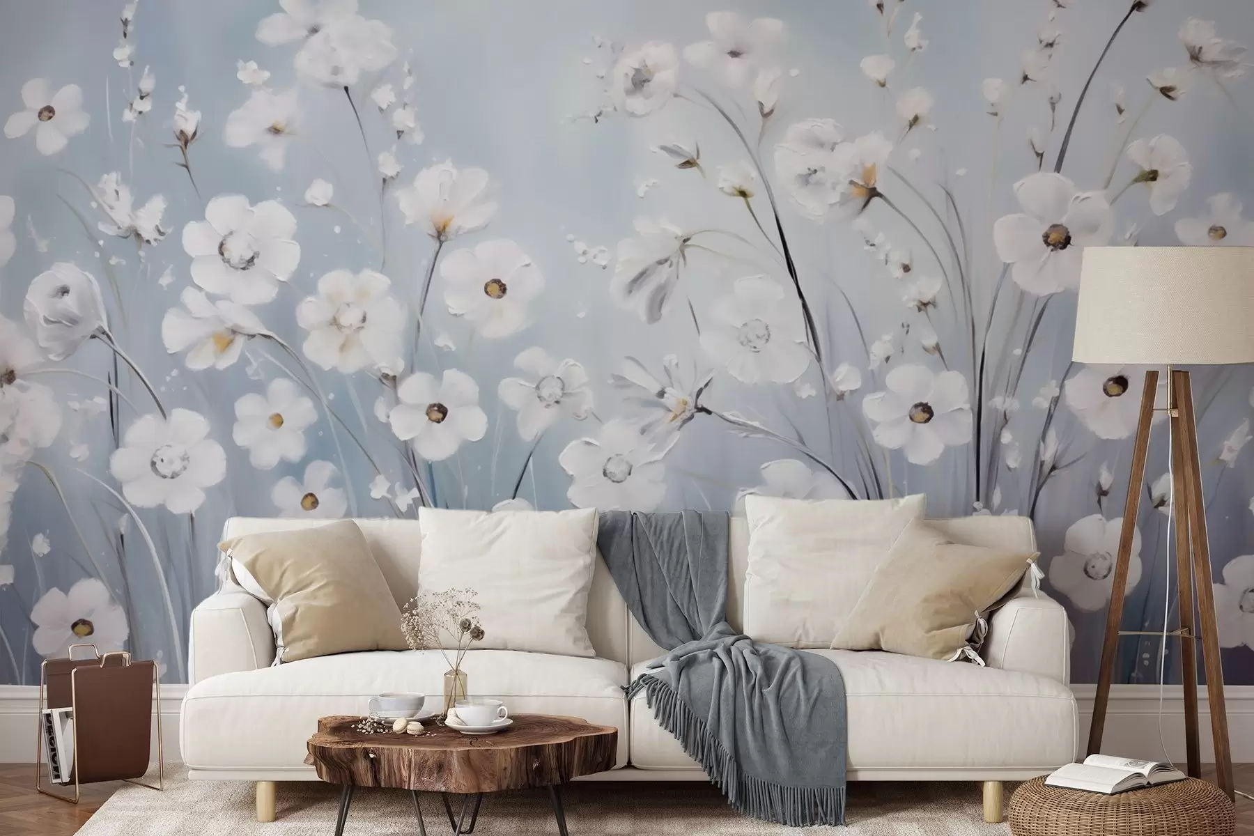 wall murals White flowers against a blue sky in oil painting style w09516