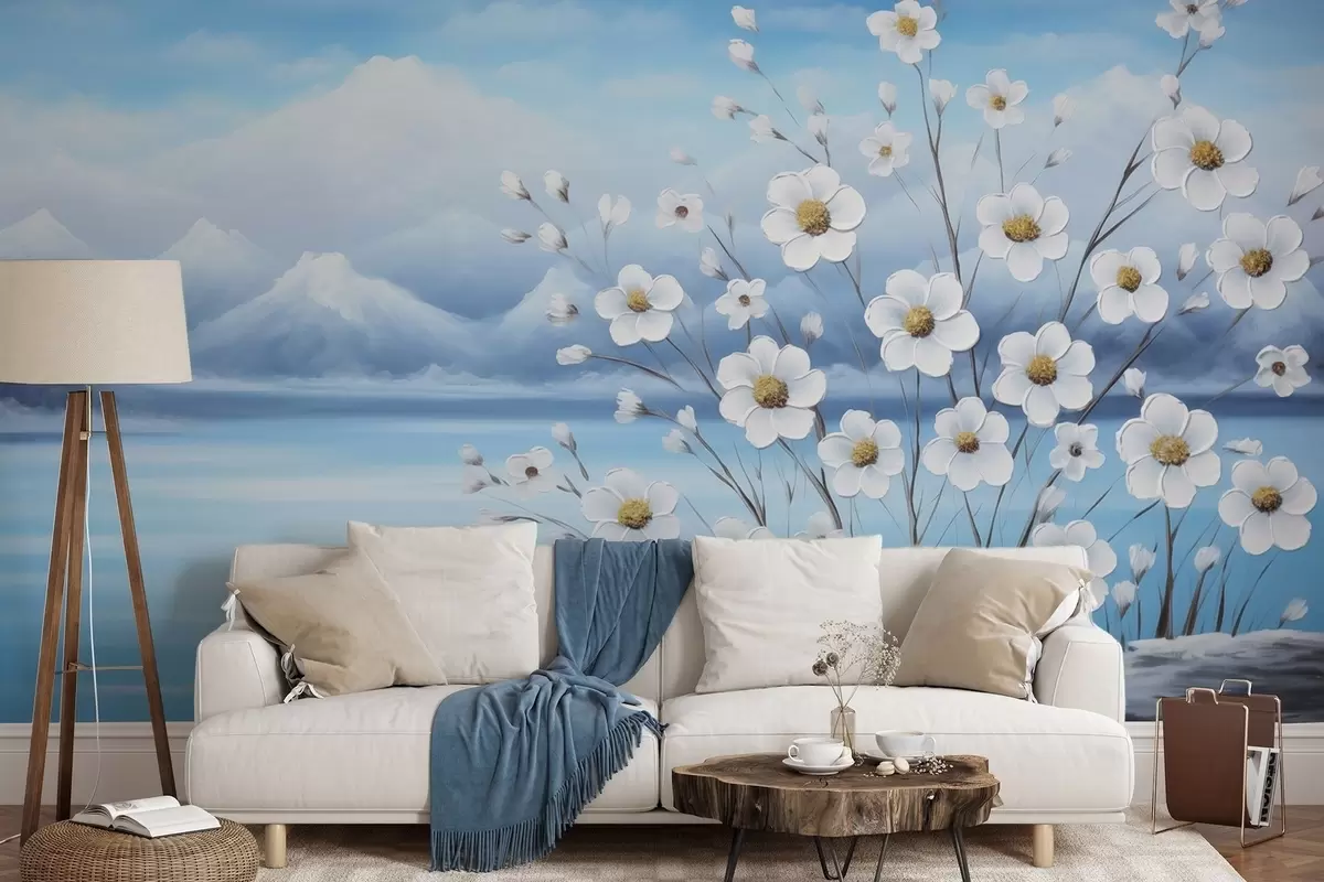 wall murals White spring flowers by an icy lake with snowy mountains in oil-painting style w09526