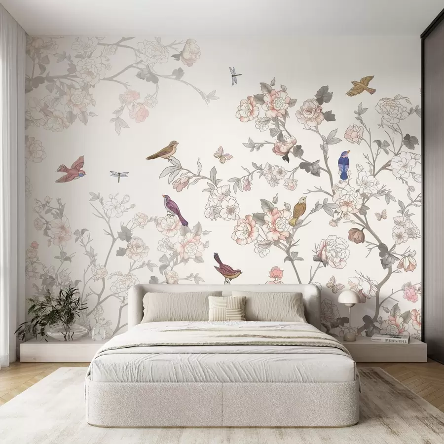 wall murals Birds near branches with flowers w04939