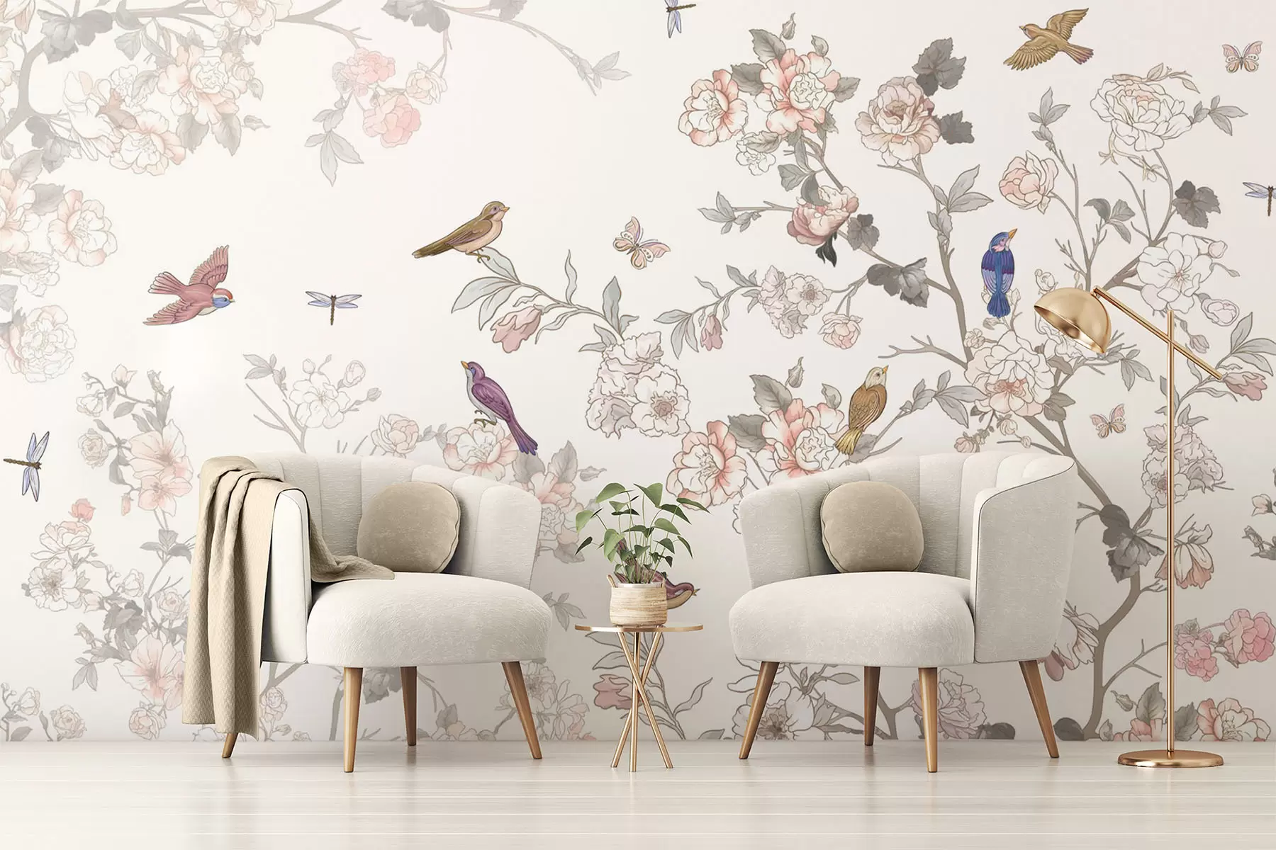 wall murals Birds near branches with flowers w04939