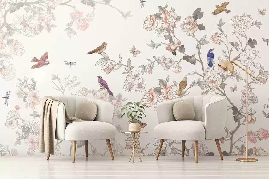 wall murals Birds near branches with flowers w04939