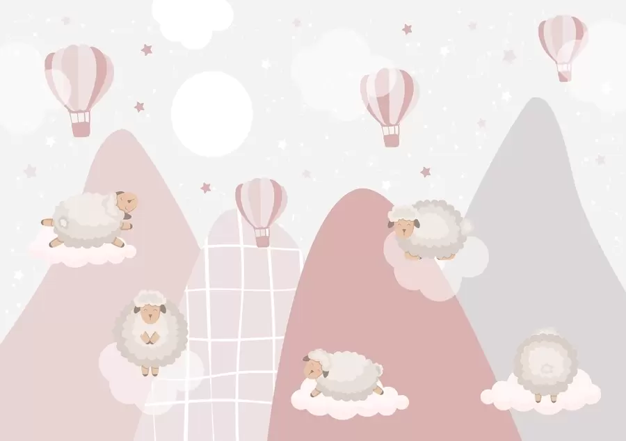 wall murals Sleeping sheep on pink mountains w04932