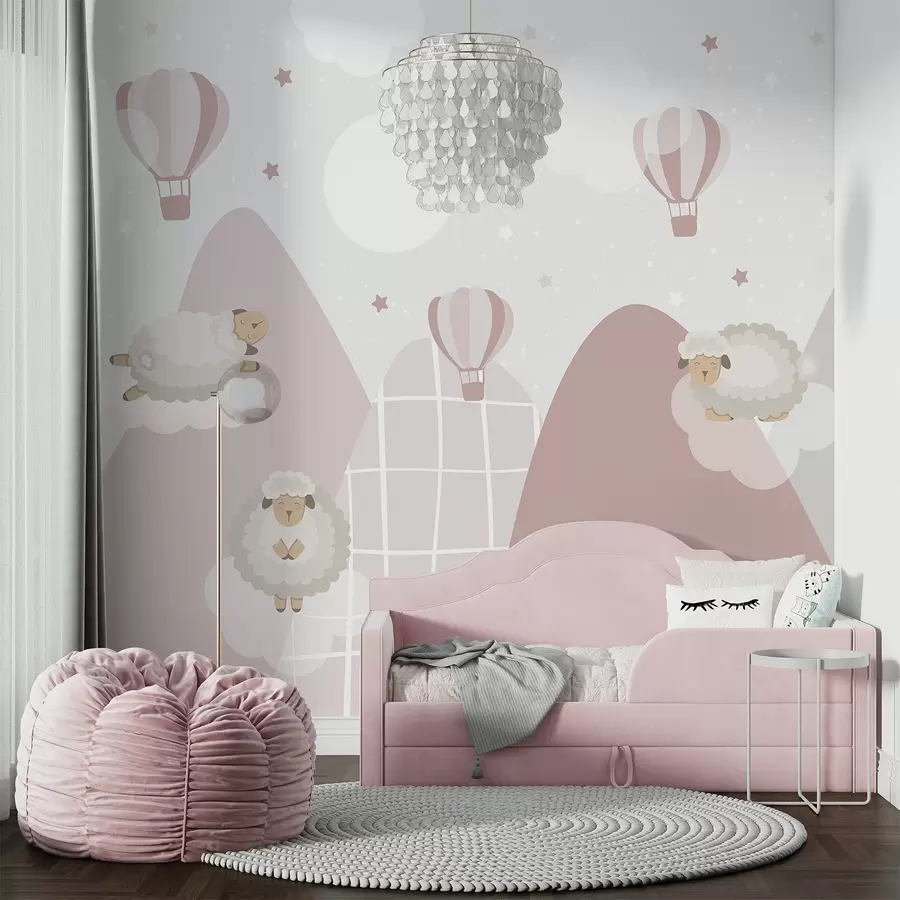 wall murals Sleeping sheep on pink mountains w04932