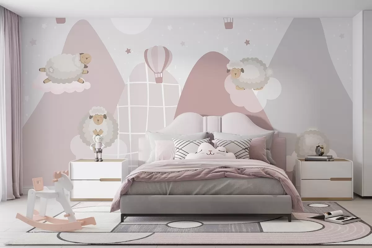 wall murals Sleeping sheep on pink mountains w04932