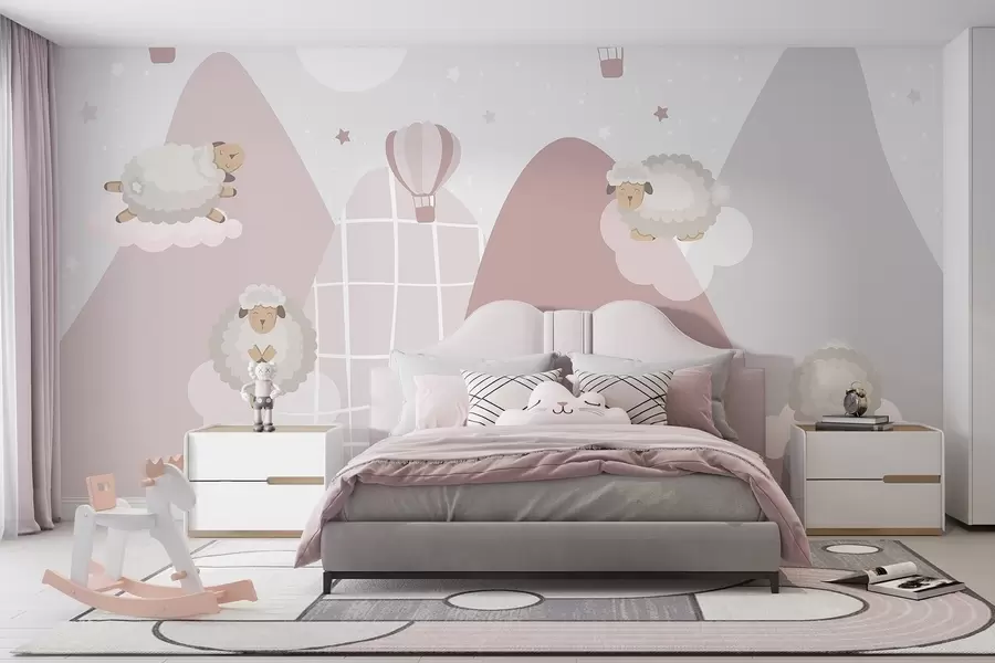 wall murals Sleeping sheep on pink mountains w04932