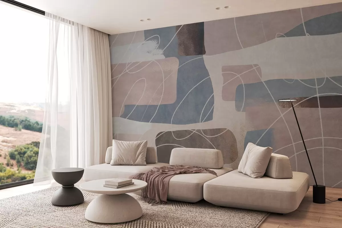 wall murals modern abstraction in shades of powder pink, gray-blue, beige, and brown w04877