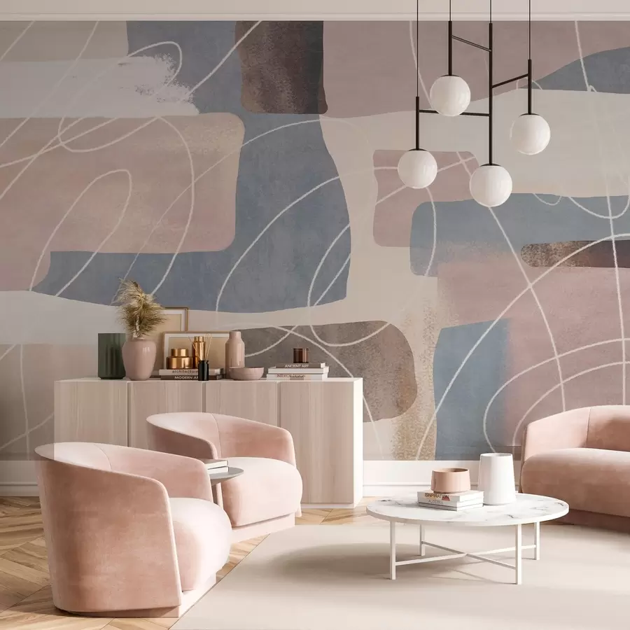 wall murals modern abstraction in shades of powder pink, gray-blue, beige, and brown w04877