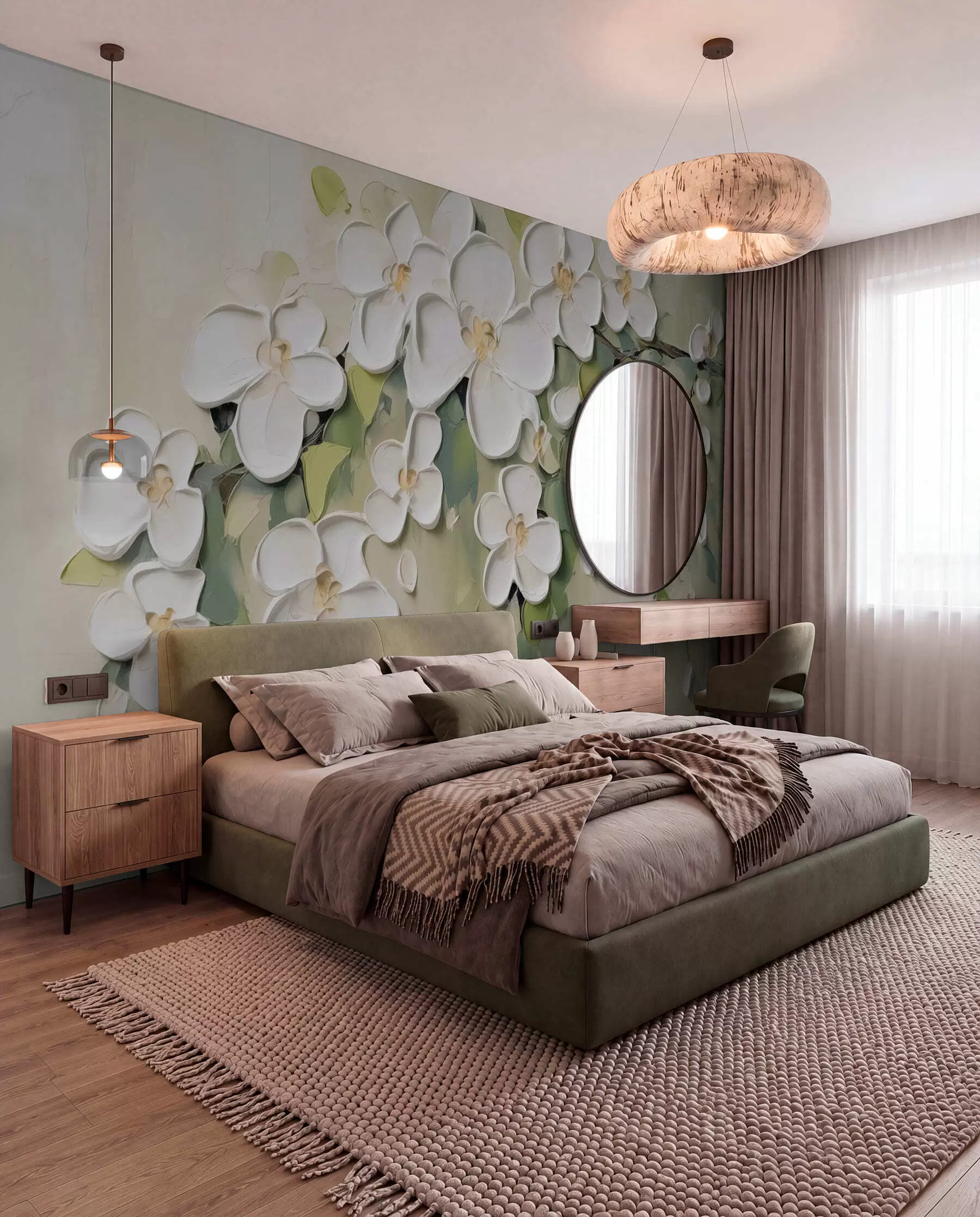 wall murals White Flowers on Olive Green w04978