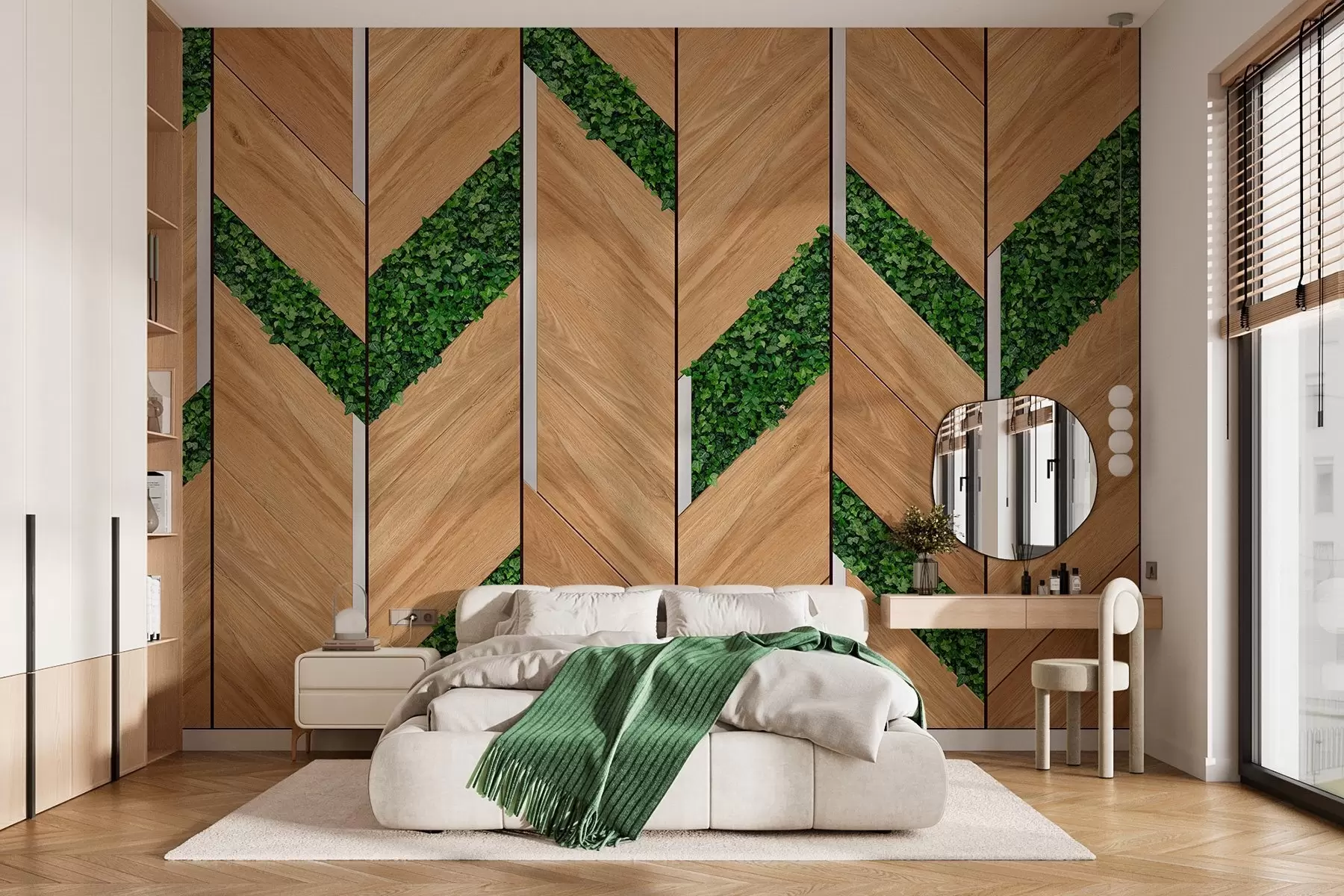 wall murals imitation of light wooden panels with plant inserts w04875