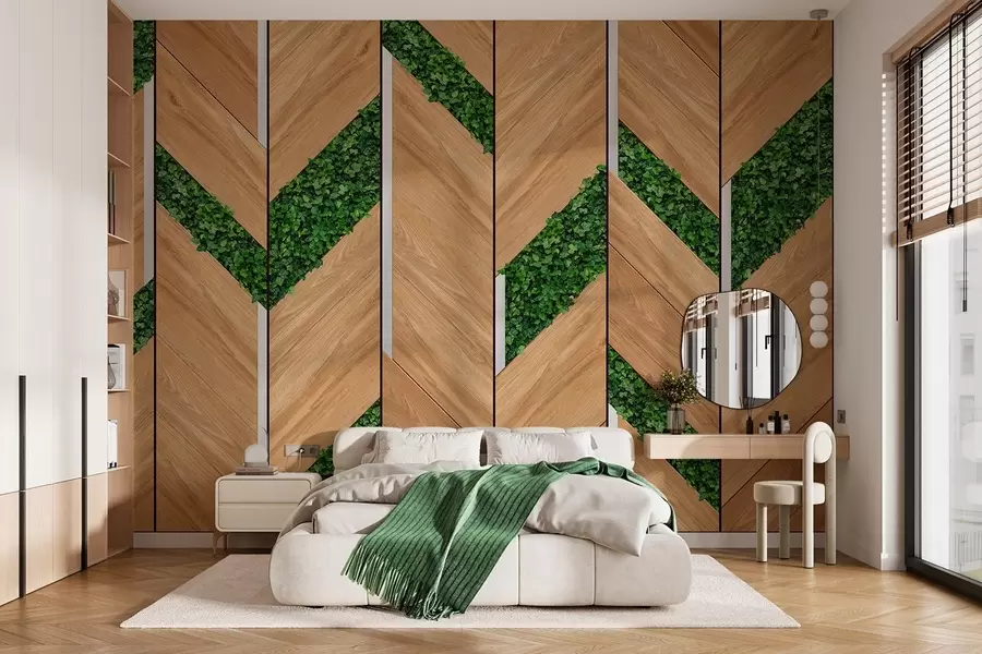 wall murals imitation of light wooden panels with plant inserts w04875
