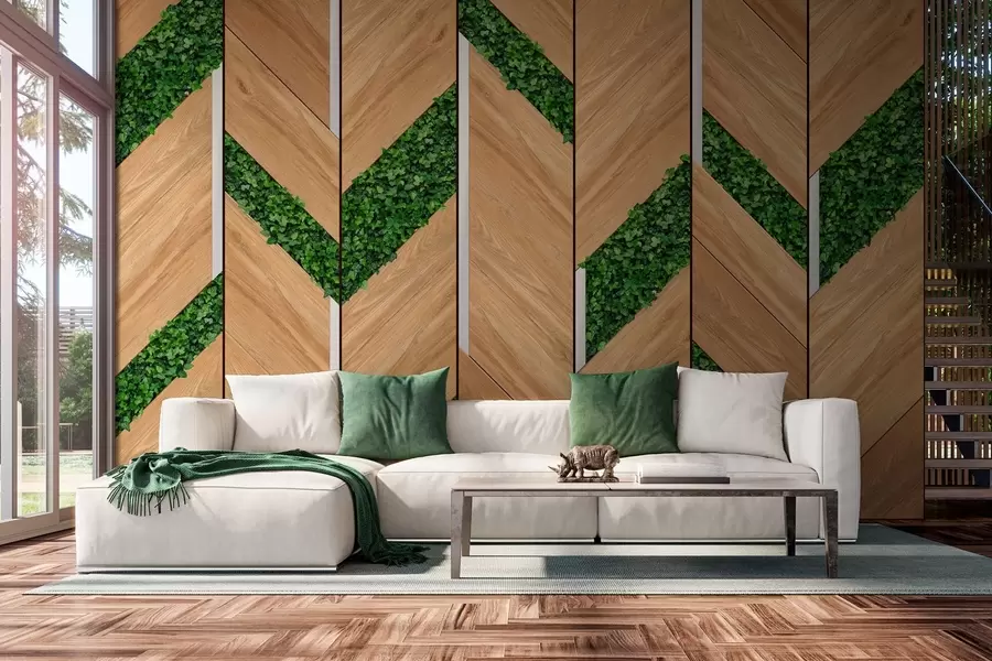 wall murals imitation of light wooden panels with plant inserts w04875