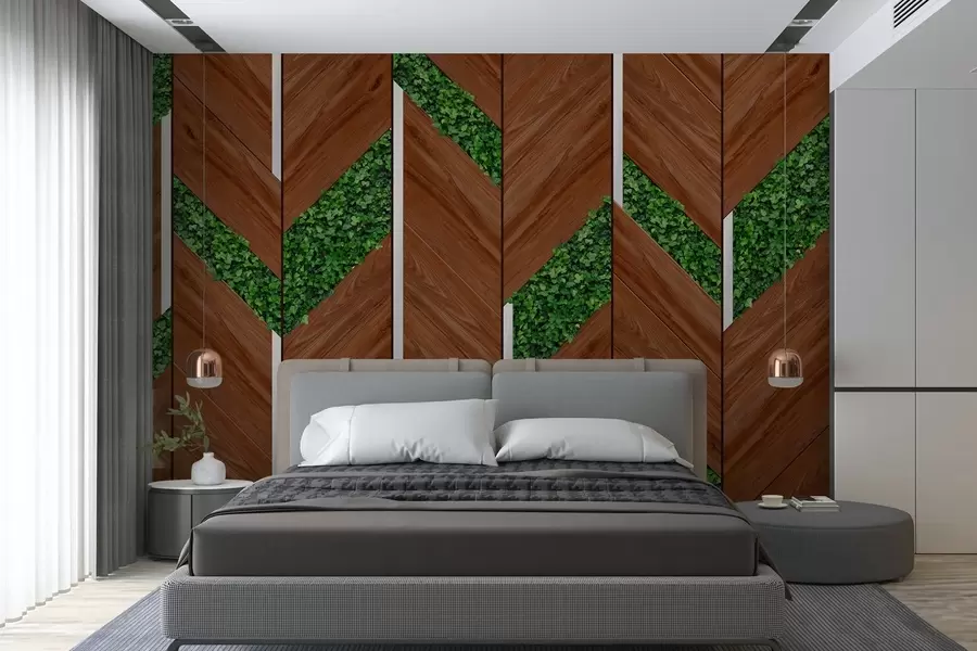wall murals imitation of dark wood panels with plant inserts w04875v1