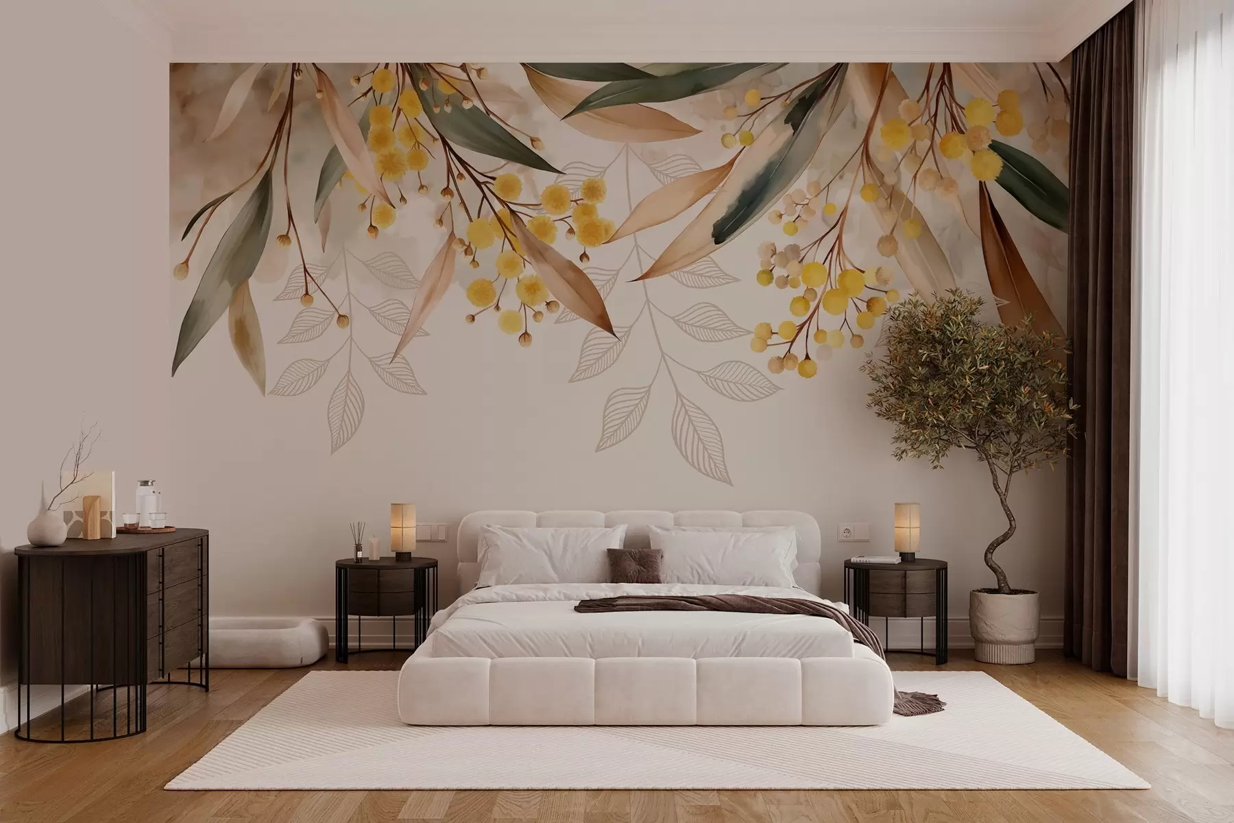 wall murals flowers and leaves of mimosa falling from above in watercolor style w04880