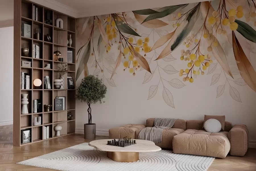 wall murals flowers and leaves of mimosa falling from above in watercolor style w04880