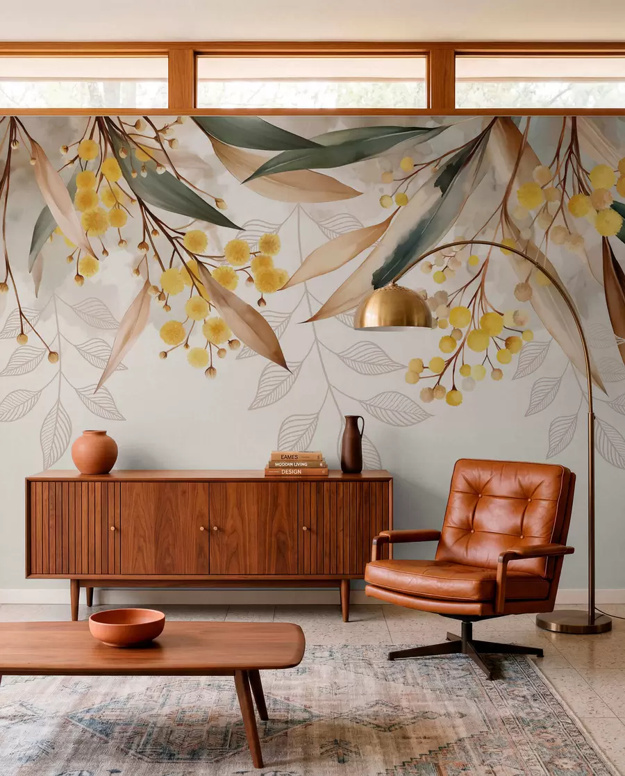 wall murals flowers and leaves of mimosa falling from above in watercolor style w04880
