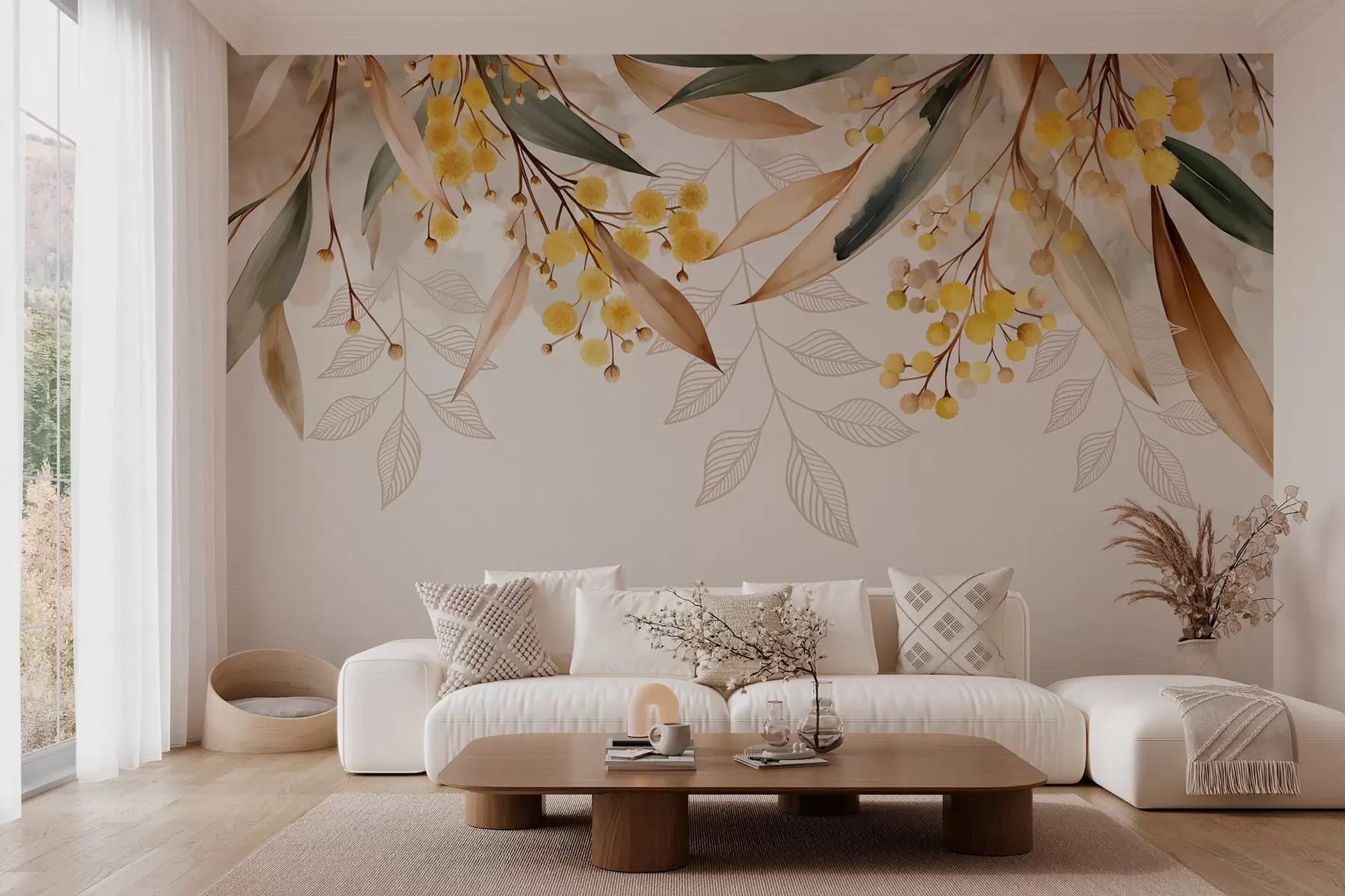 wall murals flowers and leaves of mimosa falling from above in watercolor style w04880
