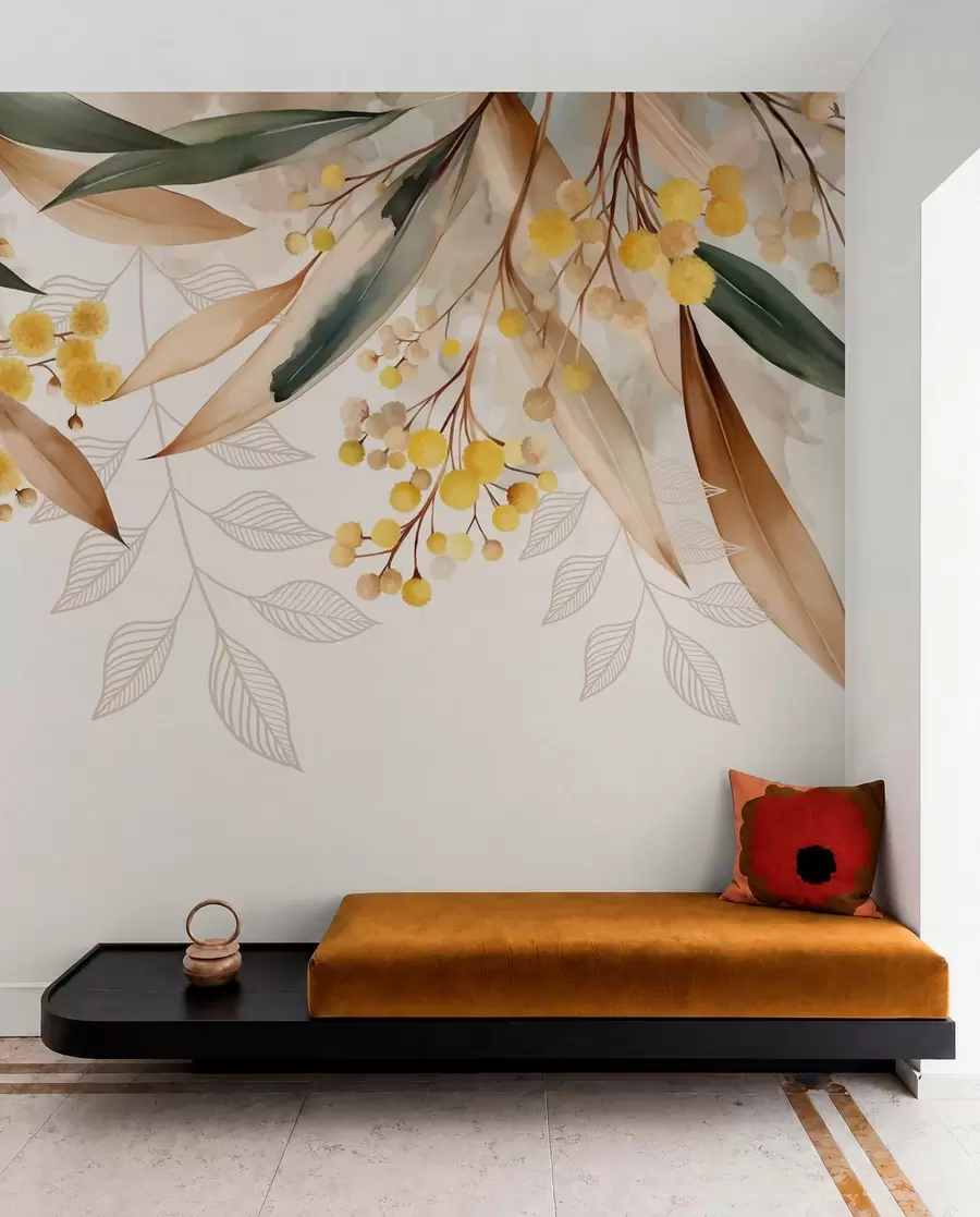 wall murals flowers and leaves of mimosa falling from above in watercolor style w04880