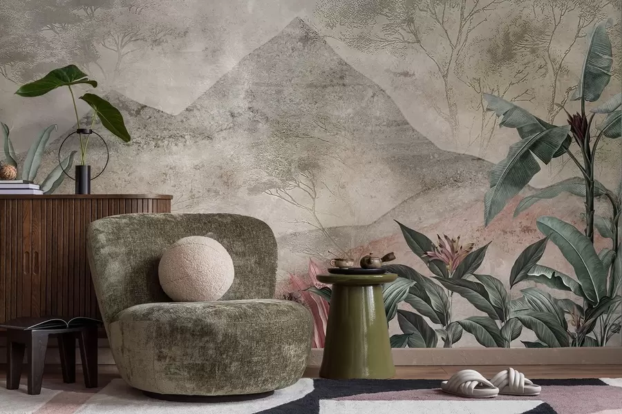 wall murals Pastel banana leaves and tropical flowers against mountains w04933