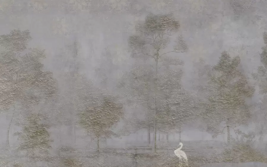 wall murals Misty forest with a white heron and soft texture w04953