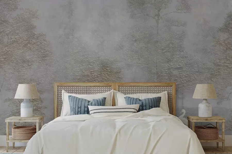 wall murals Misty forest with a white heron and soft texture w04953