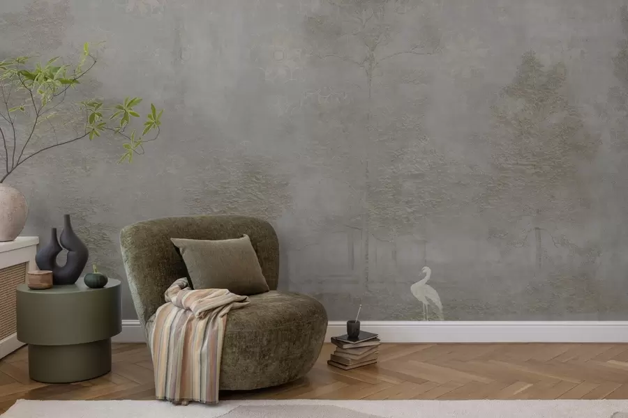 wall murals Misty forest with a heron and an ornamental pattern above w04953v1