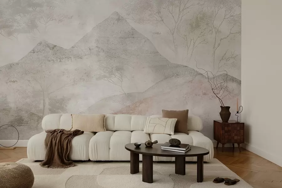 wall murals Soft pastel mountains and trees in light fog w04954