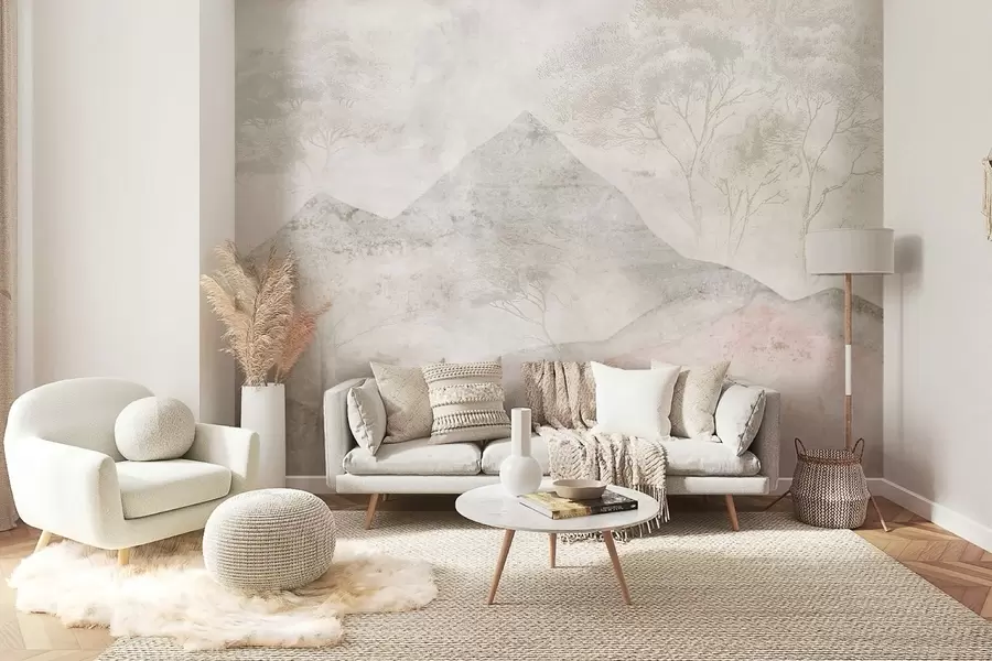 wall murals Soft pastel mountains and trees in light fog w04954